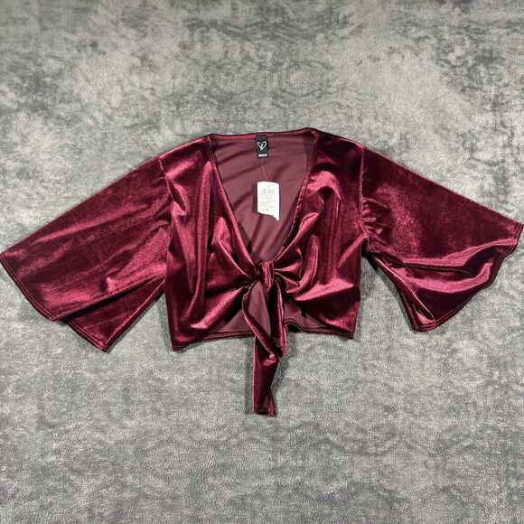 Windsor Tops - Windsor Burgundy Velvet Bolero Sz S Red Bell Sleeves Tie 90s Y2K Vamp Holiday